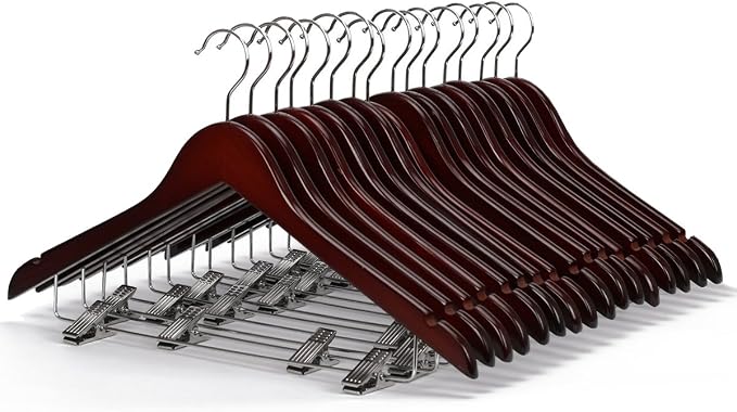 Solid Walnut Finish Wooden Suit Hangers with Anti-Rust Pant Clips, Pack of 10