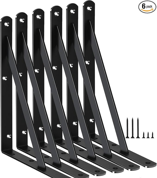 6 Pack L8 x H 6" Black Heavy Duty Shelf Brackets with Screws Metal Shelf Brackets Shelf Support Angle Brackets for Shelves L Brackets Heavy Duty Floating Shelf
