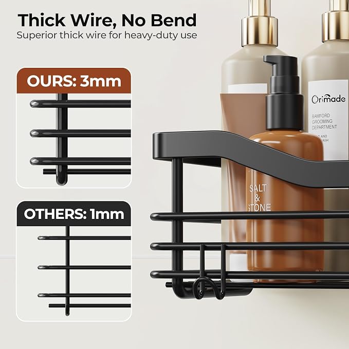 Orimade Shower Caddy Basket Shelf,3-Pack Adhesive Shower Organizer with Soap Dish Holder, No Drilling Wall Mounted Rustproof Stainless Steel Shower Shelves with 7 Hooks,for Bathroom,Matt Black