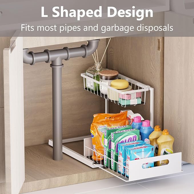Ceetug Slide Out Under Sink Organizers and Storage, White, 2 Pack | 2 Tier, Sturdy Metal, Cabinet Organizer, for Kitchen Bathroom