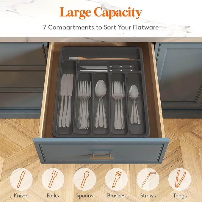 Lifewit Silverware Organizer with Lid, Covered Utensil Tray for Kitchen Drawer and Countertop, Plastic Cutlery and Flatware Storage Box for Spoons Forks Knives Holder Case, 29 x 37cm, Black