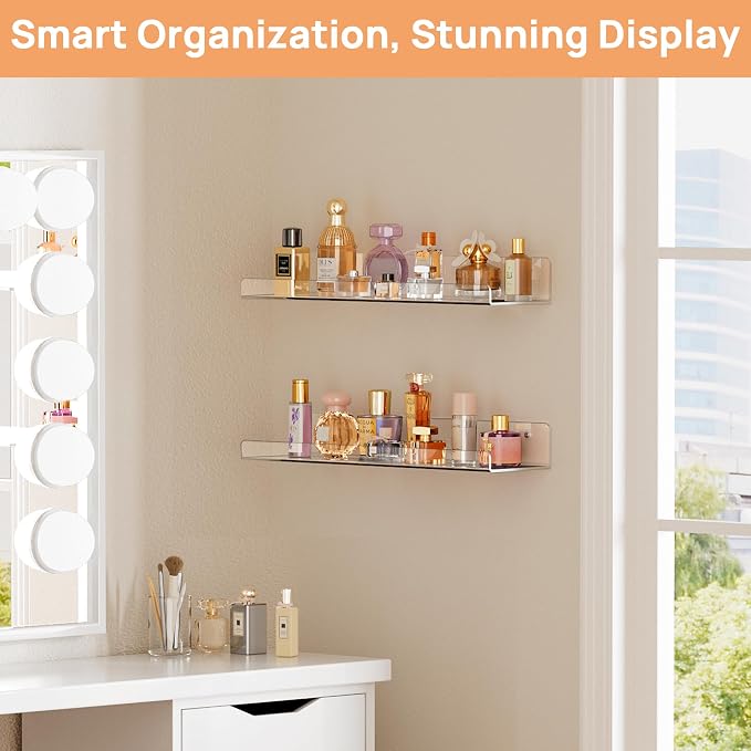 upsimples 2 Pcs 15" Acrylic Shelves for Wall Display and Storage, Clear | Transparent Design Highlights Skincare, Perfume, Easy-to-Find Versatile Floating Shelves for Bathroom, Bedroom and Playroom