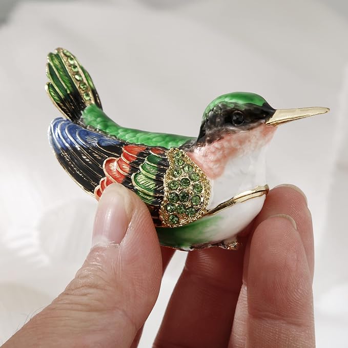 Hand Painted Enamel Hummingbird Trinket Box for Home Decor, Hinged Jewelry Organizer for Ring Earrings, Unique Figurine Keepsake Collectible Personalized Handmade Ornament Gifts (Green Hummingbird-2)