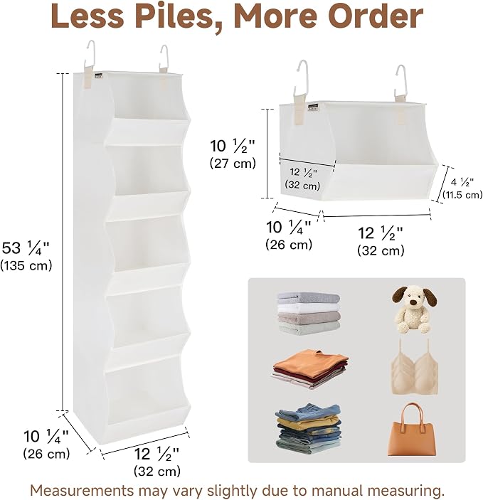 StorageWorks Basics Hanging Closet Organizer, 5-Shelf Wide Trapezoid Closet Shelves with Reinforced Anti-Sagging Support for Sweaters, Hoodies and Handbags, Foldable Storage Organizer, Beige