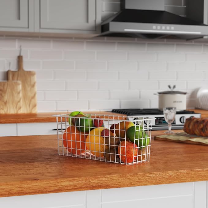 MaraFansie Wire Basket 4-Pack [Extra Large] Hanging Wall Organizer Cabinet Storage Basket Wall Mounted Shelves Rustic Farmhouse Decor for Home Kitchen Bathroom, White