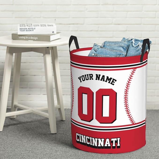Custom Cincinnati Laundry Hamper Personalized Laundry Basket Customized Name And Number Collapsible Storage Basket for Bedroom Bathroom Living Room Baseball Fan Gifts