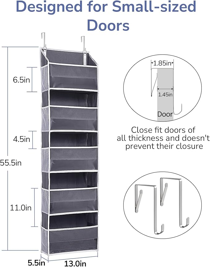 ULG 1 Pack Compact Size Over Door Organizer Slim Door Storage for Small-Sized Doors, 5 Shelves, Dark Gray