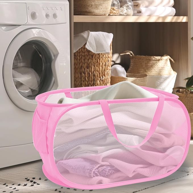 Pop Up Laundry Hamper,Collapsible Horizontal Baskets with Handles & Side Pocket,Foldable Sturdy mesh for Laundry Room,Bathroom,Kids Room,College Dorm or Travel (Pink)