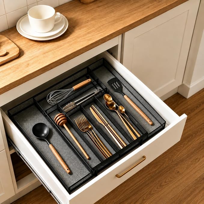 Sedegn Silverware Organizer Metal Mesh, Large Drawer Organizer, Utensil Cutlery Tray for kitchen drawers, Expandable Flatware Organizer with 8 Compartment Black 11.6"~20" x 17.3"
