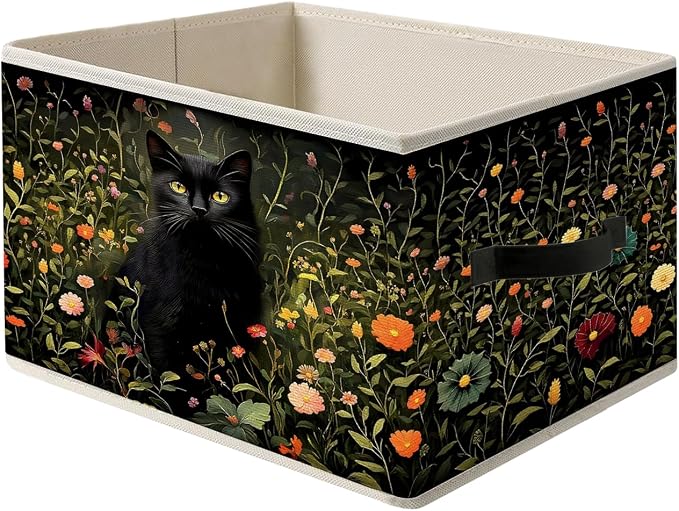 William Morris Inspired Dark Wildflower Black Cat Storage Bin Box with Handles,Cottagecore Floral Botanical Cat Foldable Organizer Basket Toybox for Room Bedroom Bathroom Clothes Toys Books
