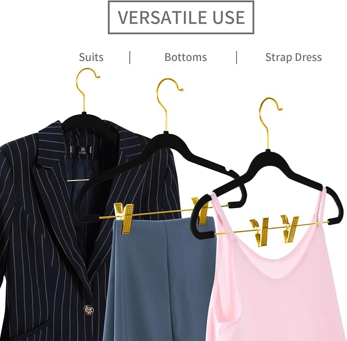 MIZGI Premium Velvet Pants Hangers with Adjustable Clips (Pack of 20) Slim Skirt Hangers- Non Slip Felt Outfit Dress Hangers Black - Gold Hooks,Space Saving Shirt Clothes Hangers