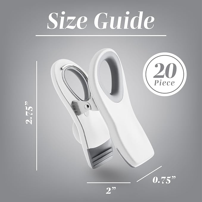 COOK WITH COLOR Bag Clips with Magnet- Food, Chip, Bag Clips for Food Storage with Airtight Seal Grip for Bread, Snack and Food Bags (White, Pack of 20)