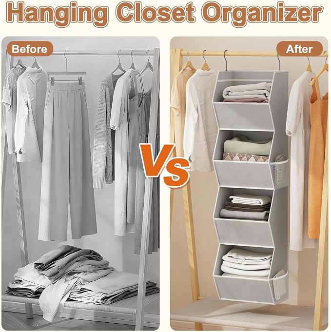 Wawocs 4 Shelf Hanging Closet Organizers and Storage for Kids 2 Packs, Grey | Hanging Shelves for Closet Organization, Hanging Closet Storage for Wardrobe Organizer, Closet Hanging Organizer for Bedroom