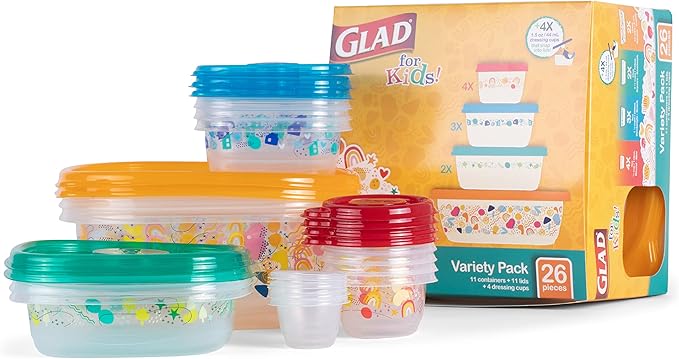 Glad for Kids GladWare Back to School Food Storage Containers with Lids, BPA Free Plastic Variety Pack Rainbow Patterns for Kids Lunches and Snacks, Microwave Freezer Dishwasher Safe, 26 Piece Set