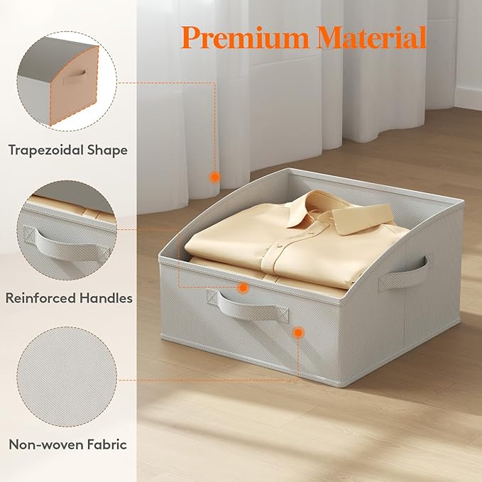 Lifewit Trapezoid Closet Storage Bins for Shelf, 6 Packs Non-woven Closet Organizer Baskets with Handles, Foldable Clothes Containers Boxes for Clothing, Book, Purse, 16L, Medium, Light Gray