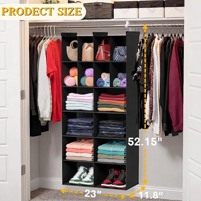 Ofiray-home 6 Tier Hanging Closet Organizer, 16 Compartments Sweater Organizer for Closet with 3 Sturdy Hooks, Closet Organizers and Storage, Wardrobe, Rv, Garment Rack, Black