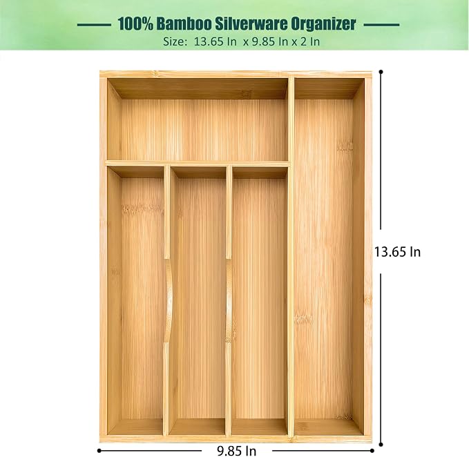 guiogc Bamboo Silverware Drawer Organizer, Silverware Organizer, Silverware Utensil Tray Holder and Cutlery Tray for Flatware and Kitchen Utensils