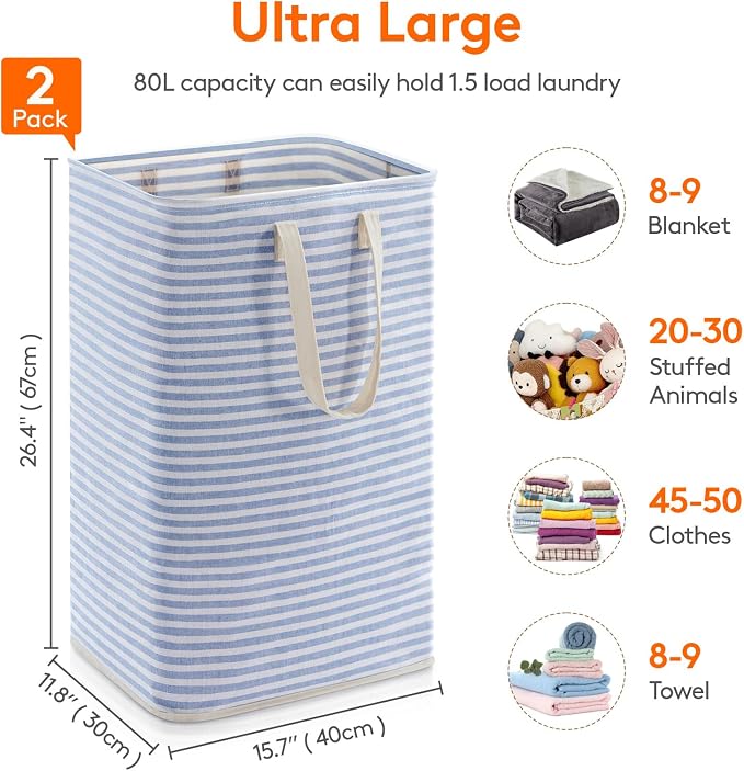 Lifewit 2 Pack Laundry Basket 80L Each, Collapsible Clothes Hamper with Reinforced Handles, Freestanding Waterproof Design for Bedroom and Laundry Room, Blue 160L Total