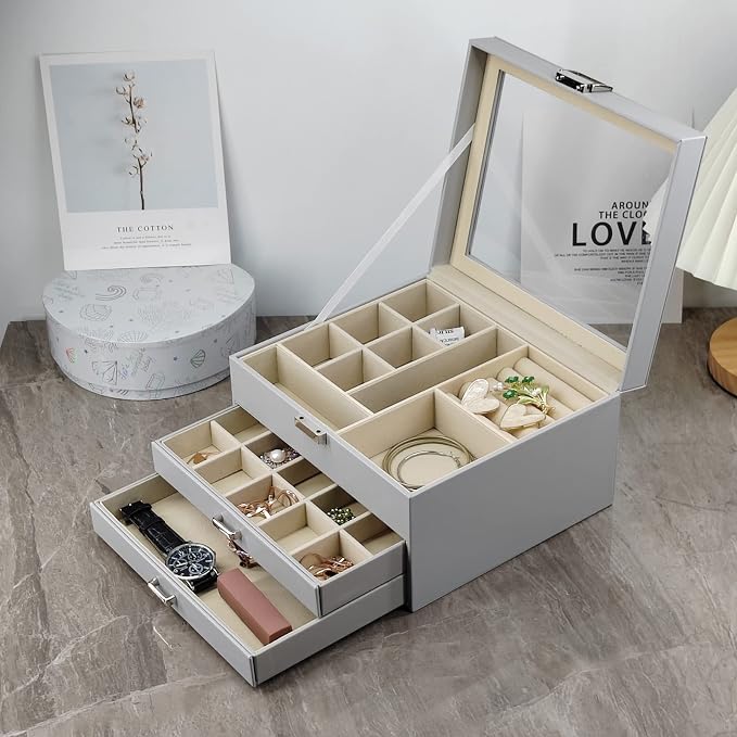 BOOVO Clear Lid Jewelry Box,3 Layers Jewelry Organizer Large Jewelry Storage Box with 2 Drawers,Jewelry Holder Organzier of Rings Earrings Necklace Bracelets for Women (Grey, 3 Layer)