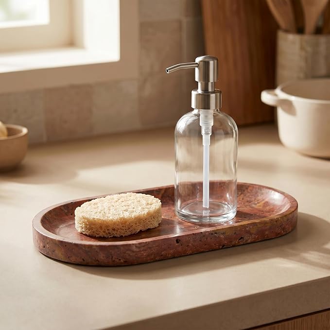 YKAJO Red Travertine Oval Marble Tray, 9.8x4.7 Vanity Perfume Organizer | Honed natural stone; jewelry & trinket dish, ring & key holder, soap & candle catchall; bath counter, dresser, coffee table