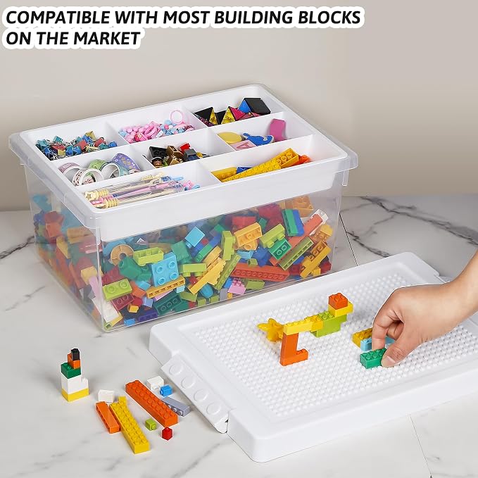 Plastic Storage Bins with Lids - 1 Set Stackable Arts Crafts Organizer Box with Removable Divided Tray &Compatible Building Baseplate,Toy Chest Containers for Bricks -White(14.37"x9.64"x6.69")
