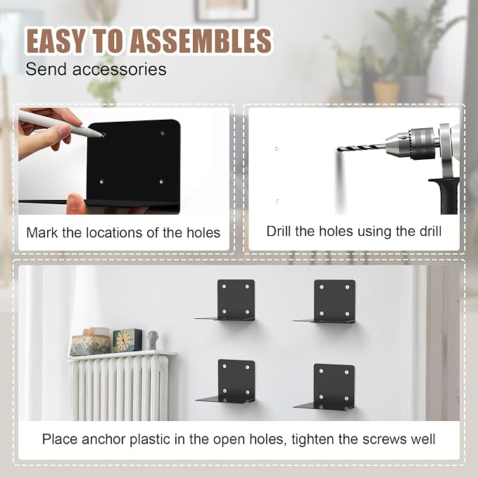 Eapele Invisible Floating Bookshelf, Heavy-Duty Hanging Bookshelves, Steel Constructed Wall Mounted Hidden Bookshelf with Mounting Hardware, 4PCS Black
