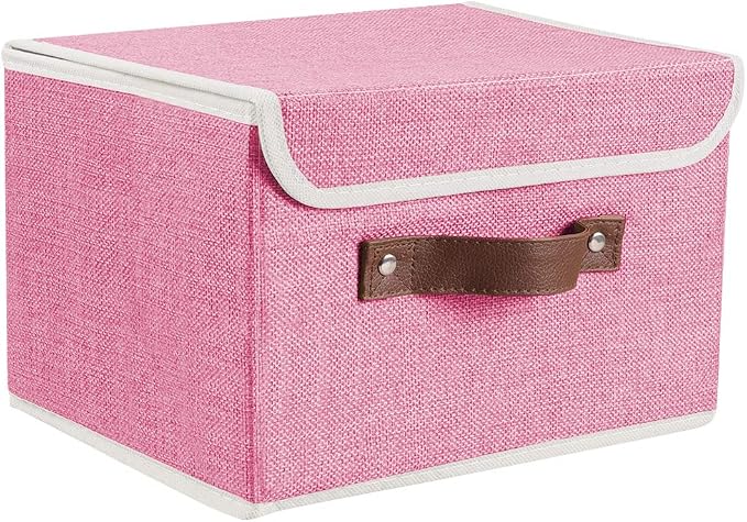 2Pack Storage Bins Boxes with Lids 15"x10"x10" Decorative Storage Baskets | Cotton Linen Fabric, Collapsible, Faux Leather Handles, Storage Cubes, Closet Shelf Clothes Organizer Container, Pink