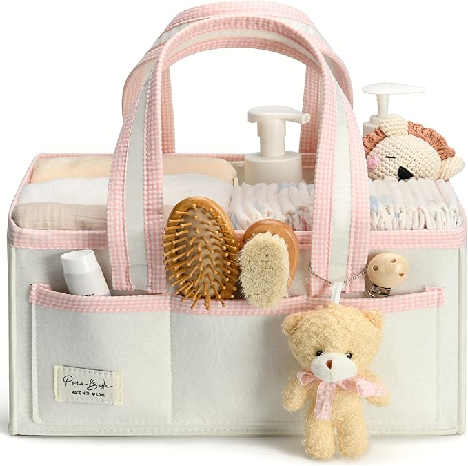 PeraBella Baby Diaper Caddy Organizer, Baby Basket Shower Gift Caddy, Portable Felt Changing Table Basket, Nursery Storage Bin, Newborn Boy and Girl Essentials for Registry, Car Diaper Organizer