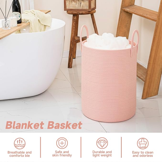 CLHMILY&Z Laundry Hamper Round Storage Rope Basket in Living Room, Bedroom, Laundry Room for Toy, Clothes, Blanket, Pillow (Pink, 60L)