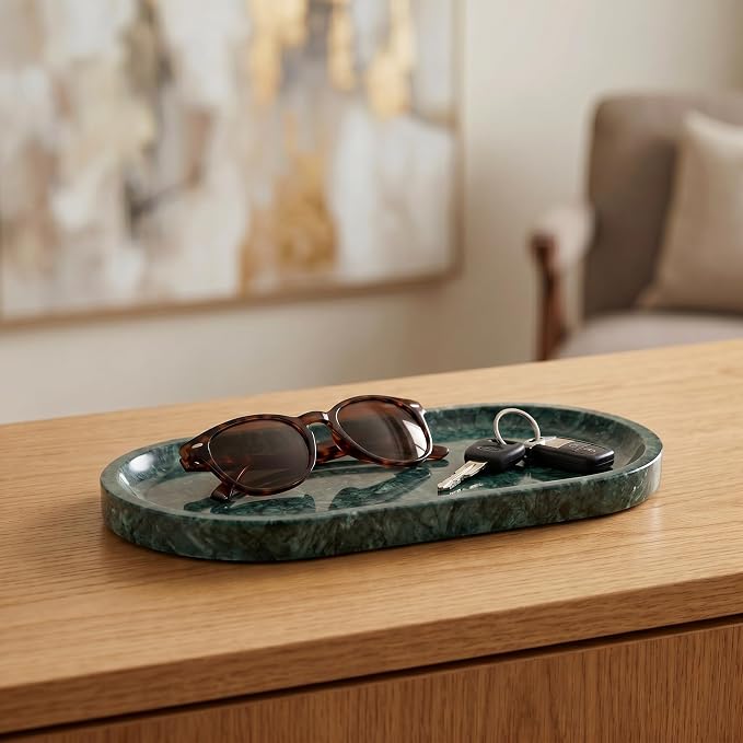 YKAJO Jade Green Oval Marble Tray, 9.8x4.7 Vanity Perfume Organizer Dish | Honed natural stone; jewelry & trinket dish, ring & key holder, soap & candle catchall; bath counter, dresser, coffee table
