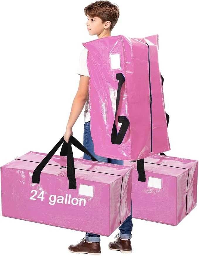 4 Pcs 24 Gallon Extra Large Moving Bags Heavy Duty Storage Bag with Strong Zipper Handle Foldable XXL Jumbo Storage Tote Packing Moving Box for College Dorm Travel Cloth Duffle (Pink)