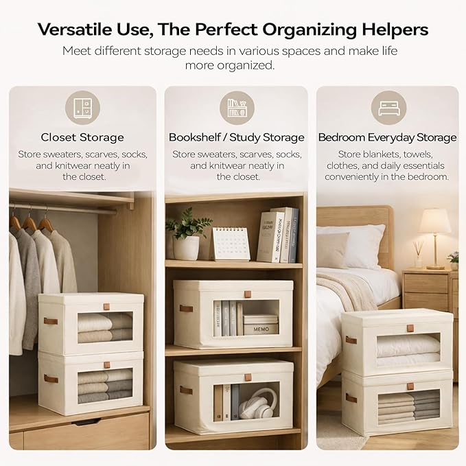 4-Pack Large Storage Bins with Lids,Stackable&Collapsible Closet Storage Bins,Oxford Fabric Organizer Box with Clear Window,Large Decorative Storage Boxes for Closet,Dorm16.5"x11.8"x11"