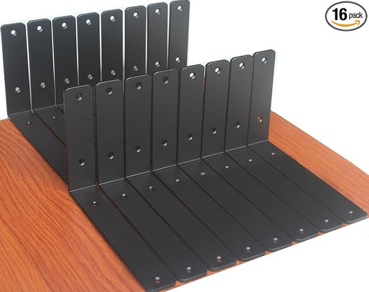 16 Pack - L 9" x H 6" x W1.5, 5mm Thick Black L Shelf Bracket, Iron Shelf Brackets, Metal Shelf Brackets, Floating Shelf, Shelf Supports with Screws