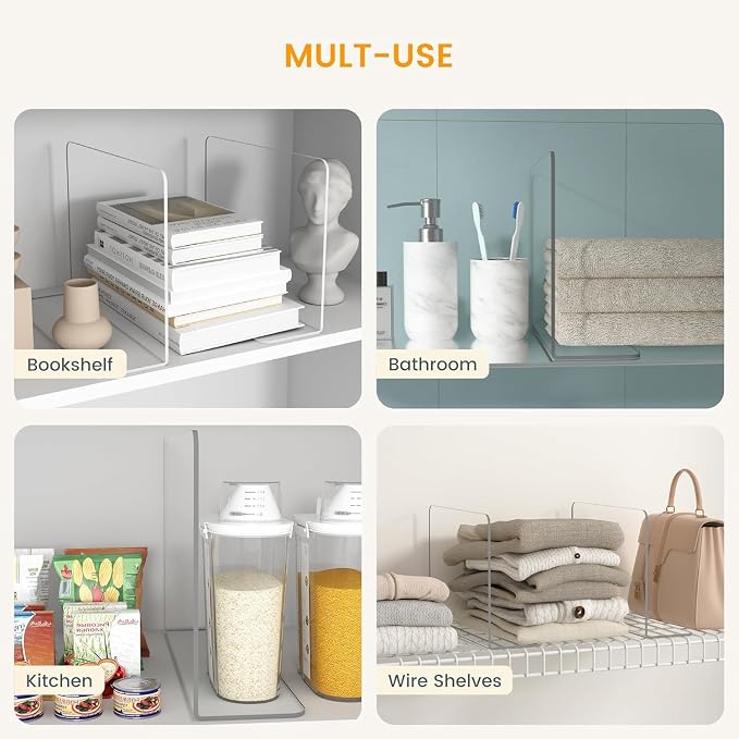 OKPOW Shelf Dividers for Closet Organization: 4 Pack Durable Clear Acrylic Divider Organizer for Shelves - Vertical Adjustable Shelving Separators for Clothing Purse