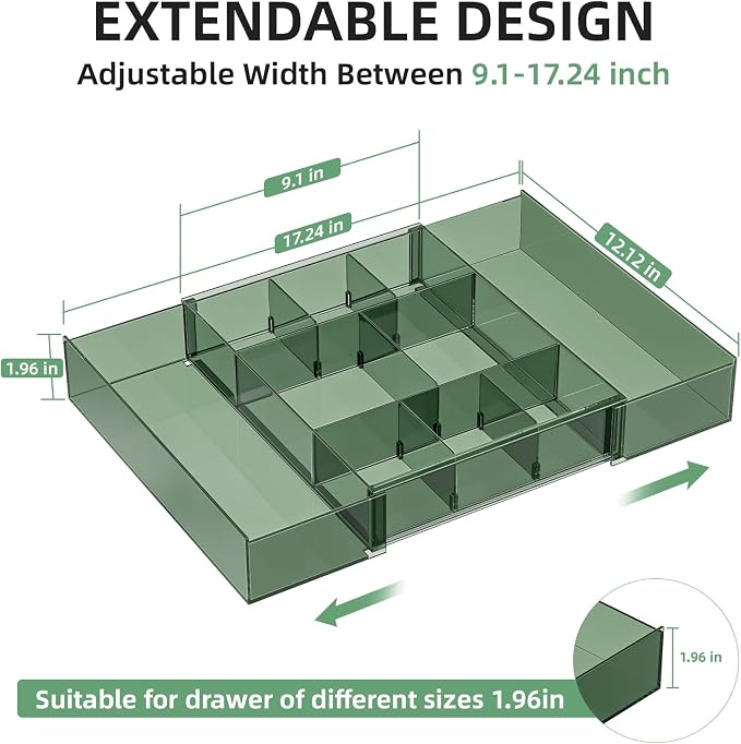 Marbrasse Expandable Desk Drawer Organizer, Clear Plastic Drawer Organizer Tray with 10 Adjustable Compartments, Desk Organizers and Accessories, 5 Drawer Dividers for Office Supplies(Clear Green)