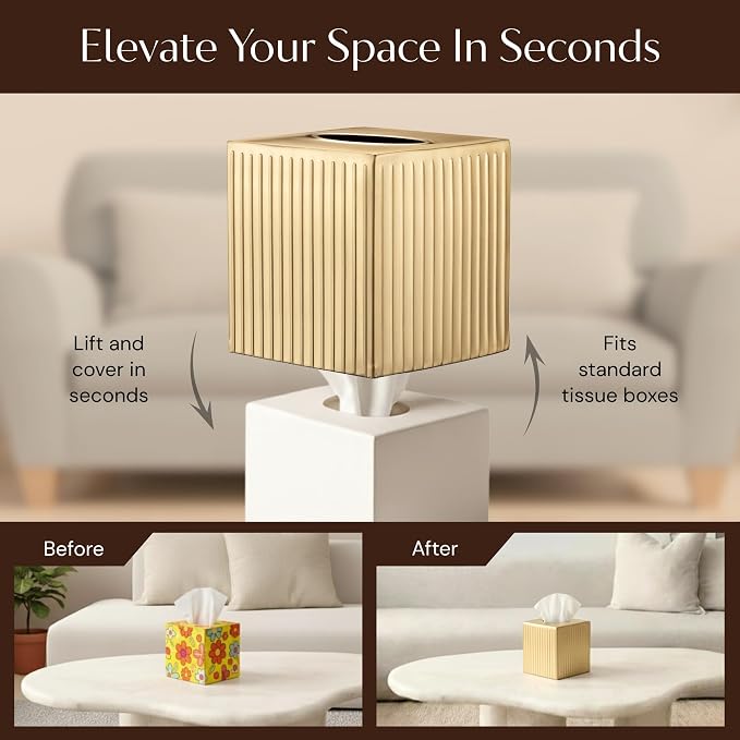 Monarch Abode Tissue Box Cover Square – Handcrafted Ridge Embossed Brushed Gold Metal Tissue Holder Box for Bathroom Accessory, Aesthetic Decorative Facial Napkin Cube for Modern Home Decor