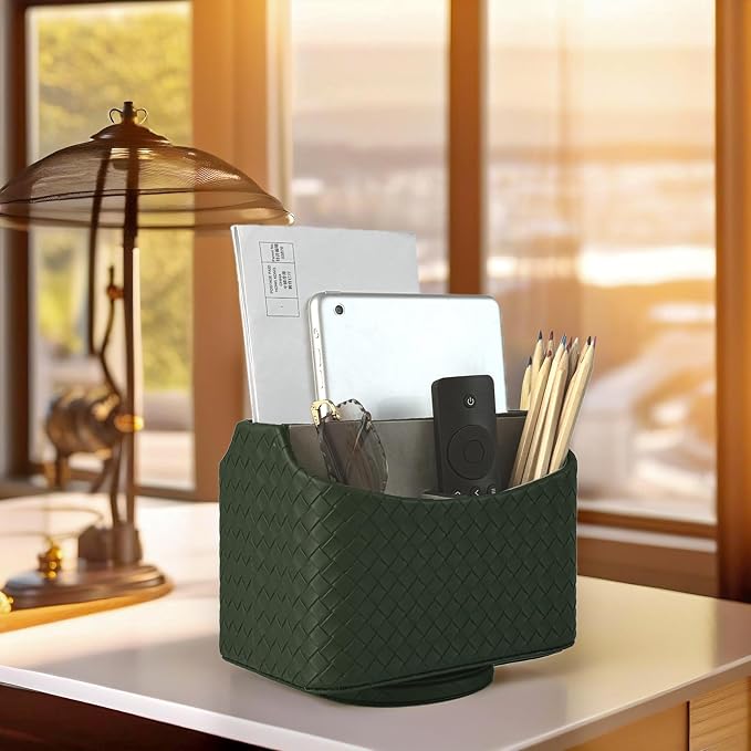 UnionBasic Rotating Desk Organizer, 360 Desk Spinning Caddy, Desktop TV Guide/Mail/Media/Remote Controller Holder Organizer, Woven Green