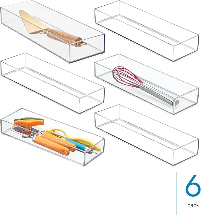 iDesign Plastic Makeup Drawer Organizer Tray, Set of 6, Clear | Vanity Organizer, Desk Drawer Organizer