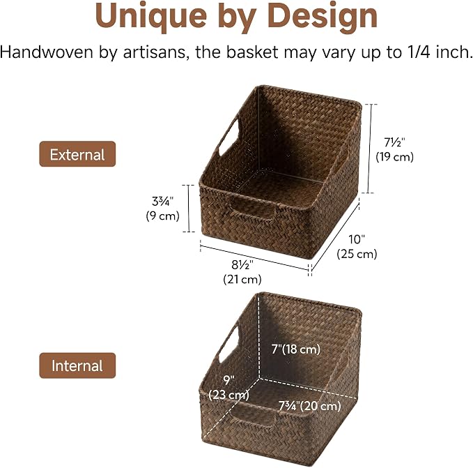 StorageWorks Pantry Baskets for Organizing, Wicker Baskets with Handles, Seagrass Storage Basket for Shelves, Woven Baskets for Pantry Storage, Brown, 2-Pack