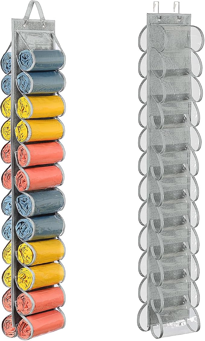 Lirex Scarf Storage Organizer with 24 Pockets, Yoga Legging Storage Organizer for Family Closet Bedroom, Light Grey