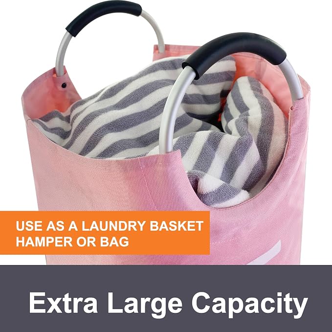 Mziart Large Laundry Basket with Padded Handles, 90L Pink, Oxford Fabric Laundry Hamper Tall Laundry Bag Clothes Hamper Storage Organizer for Bedroom Bathroom College Dorm, Collapsible and Waterproof