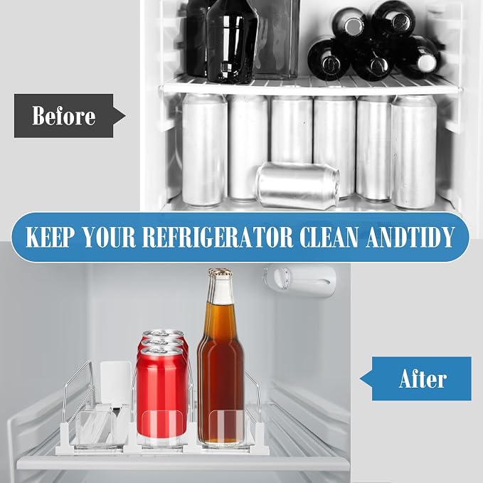 hanmir Drink Organizer for Fridge, Adjustable Width Soda Can Dispenser for Refrigerator Organizers and Storage, 3 Rows Beer Bottle Beverage Holder with Pusher Glide (14.96" D, White)