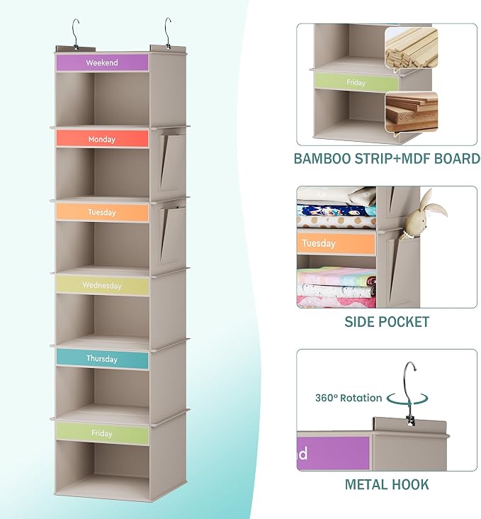 YOUDENOVA 6-Shelf Weekly Hanging Closet Organizer, Weekly Clothes Organizers for Kids with 2 Side Pockets, Light Grey