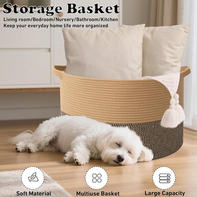 90L Extra Large Blanket Basket,Woven Rope Laundry Basket Hamper with Handles, Decorative Nursery Basket Storage Bin for Toys, Clothes Organizer, Living Room, Bedroom, Bathroom, Jute&Black