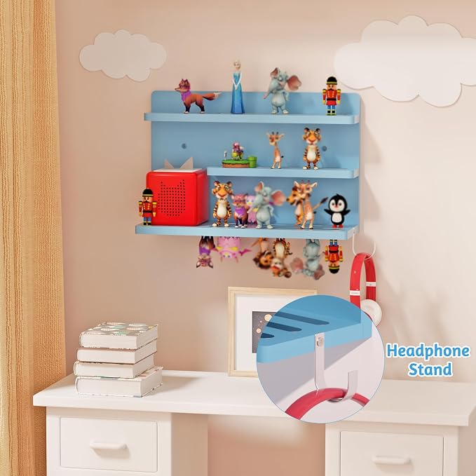 for Tonies Shelf Magnetic - 3 Tier Wooden Tonies Figure Organizer, Blue | Tonies Box Holder, Magnetic Display Shelf for Kids Room, Wall Floating Shelves Toy Storage Compatible Charging Station