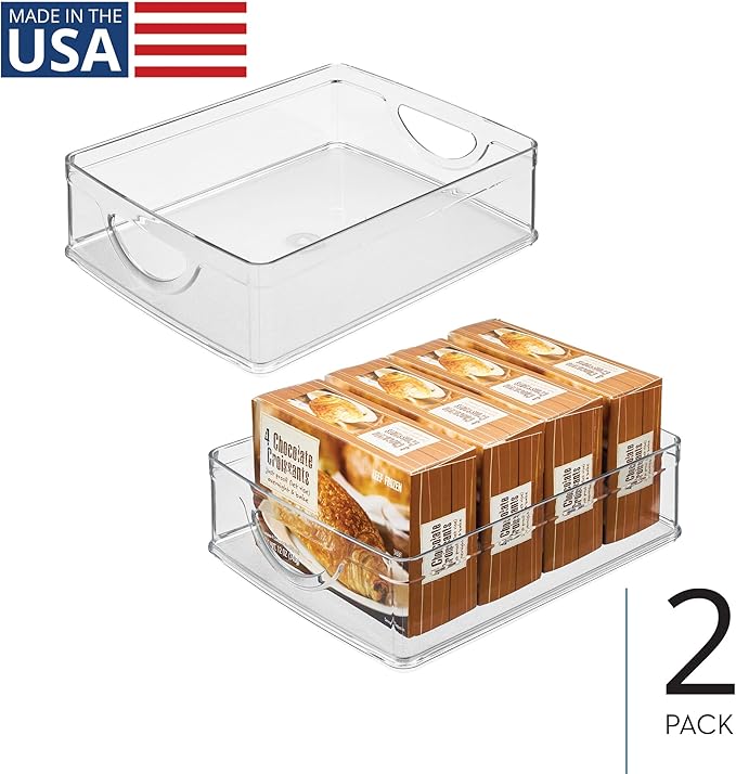 iDesign Plastic Stackable Pantry Bin, Set of 2, Clear | Storage Bin with Handles, For Cabinets or Fridge
