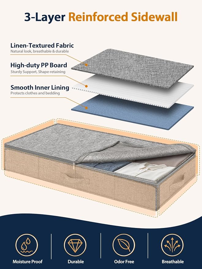 5 Inch High Under Bed Storage Containers 2-Pack, Low Profile Underbed Storage Bins with Rigid Structure, Clear Window & Handles, Foldable Organizer for Clothes, Blankets, Shoes, Bedroom & Dorm, Gray