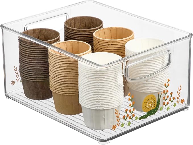iDesign Bathroom Organizer Bin with Decorative Print - Stackable Plastic Storage Basket for Makeup & Vanity Organization - Clear