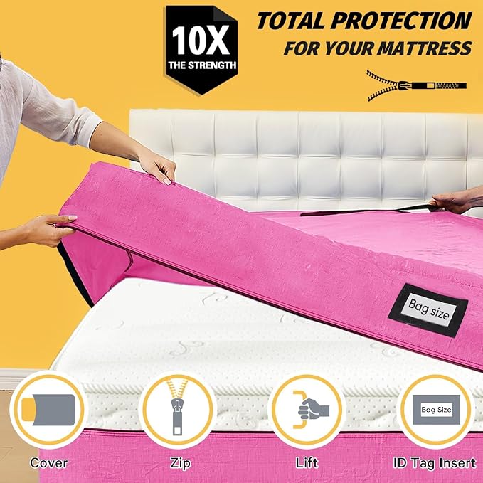Mattress Bags for Moving and Storage, BETU Twin Mattress Protector Waterproof Mattress Cover with 8 Heavy Duty Handles and Zipper Extra Thick Moving Supplies for Dorm Bed Reusable (77x42x13.5 Pink)