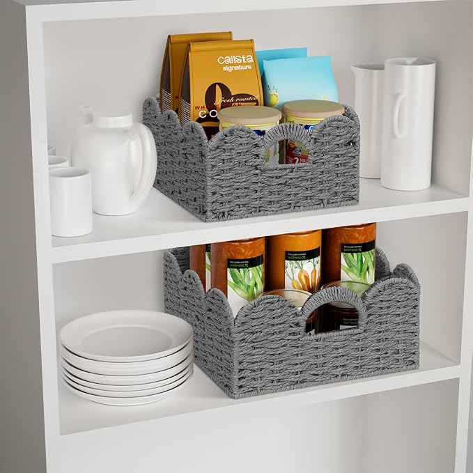 Graciadeco Scalloped Wicker Basket Natural Paper Rope Storage Baskets with Handles Handwoven Organizer Bin Wicker Storage Baskets for Home Decor, Organizing, 2 Pack (Grey)